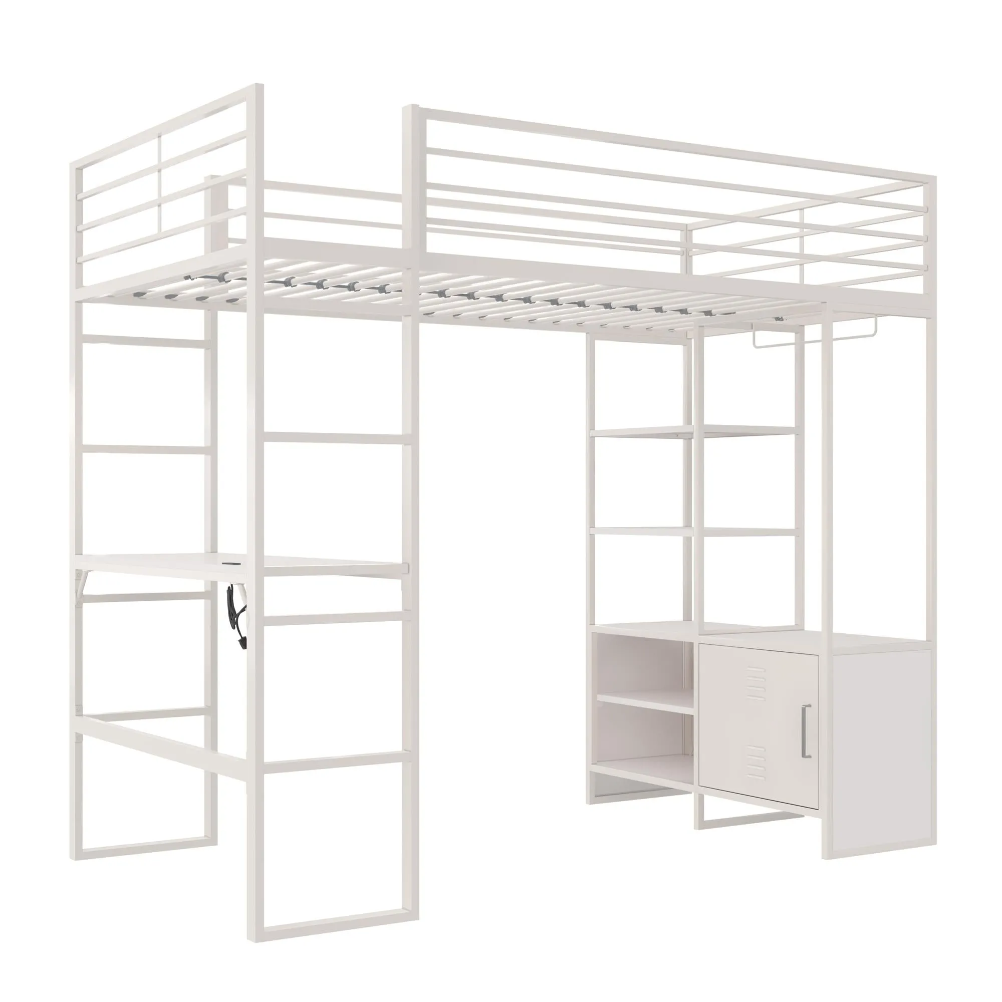 Lanis Metal Storage Loft Bed with Desk, Shelves, Cabinet and USB Port