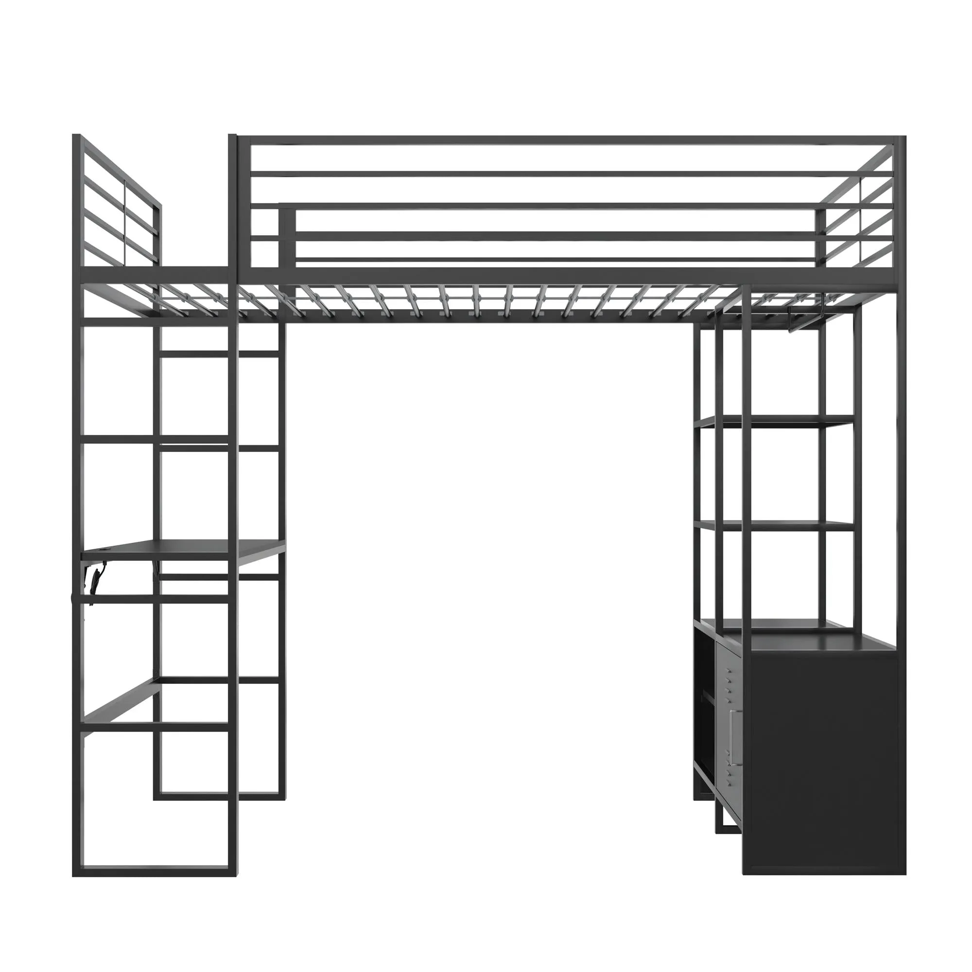 Lanis Metal Storage Loft Bed with Desk, Shelves, Cabinet and USB Port