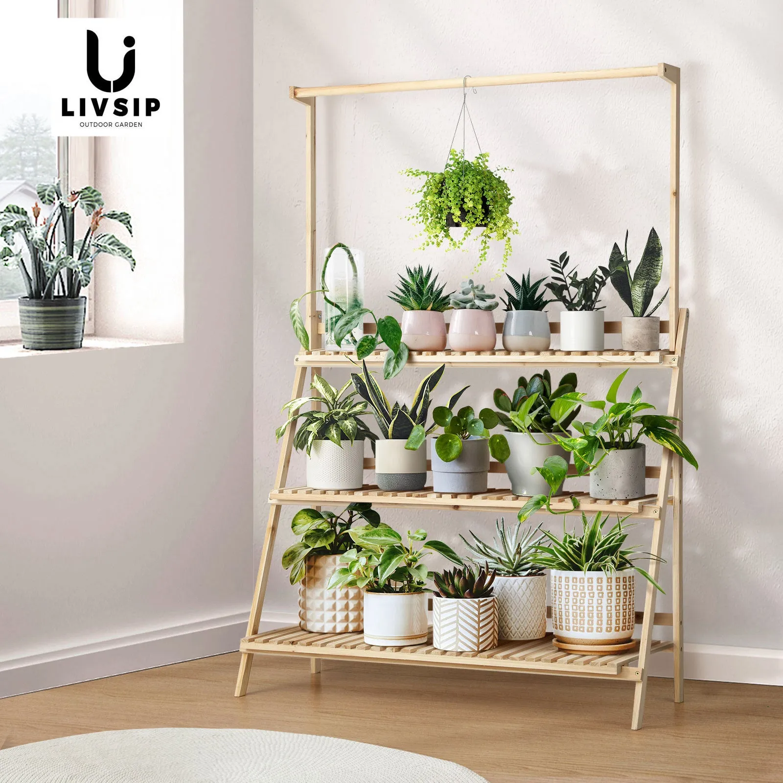 Livsip Plant Stand Outdoor Indoor Wooden Flower Pots Rack Corner Planter Shelf