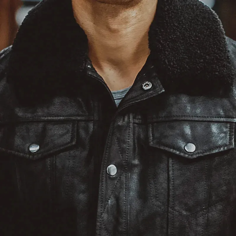 Men's Leather Jacket with Pigskin Fur Collar