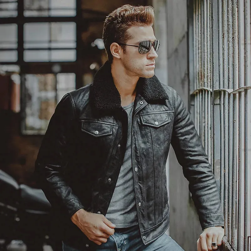 Men's Leather Jacket with Pigskin Fur Collar