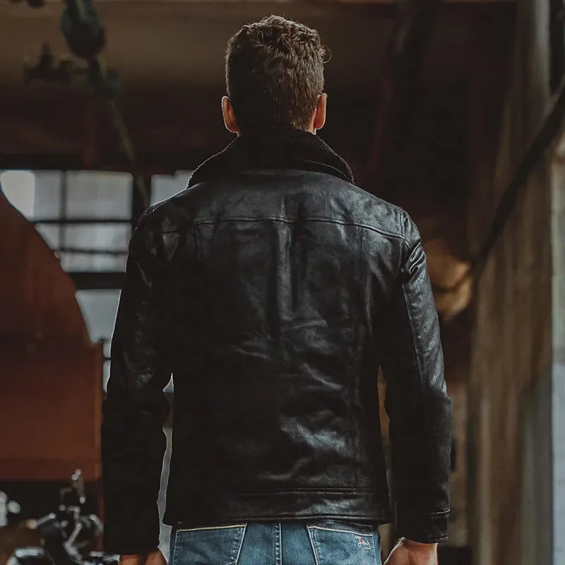 Men's Leather Jacket with Pigskin Fur Collar