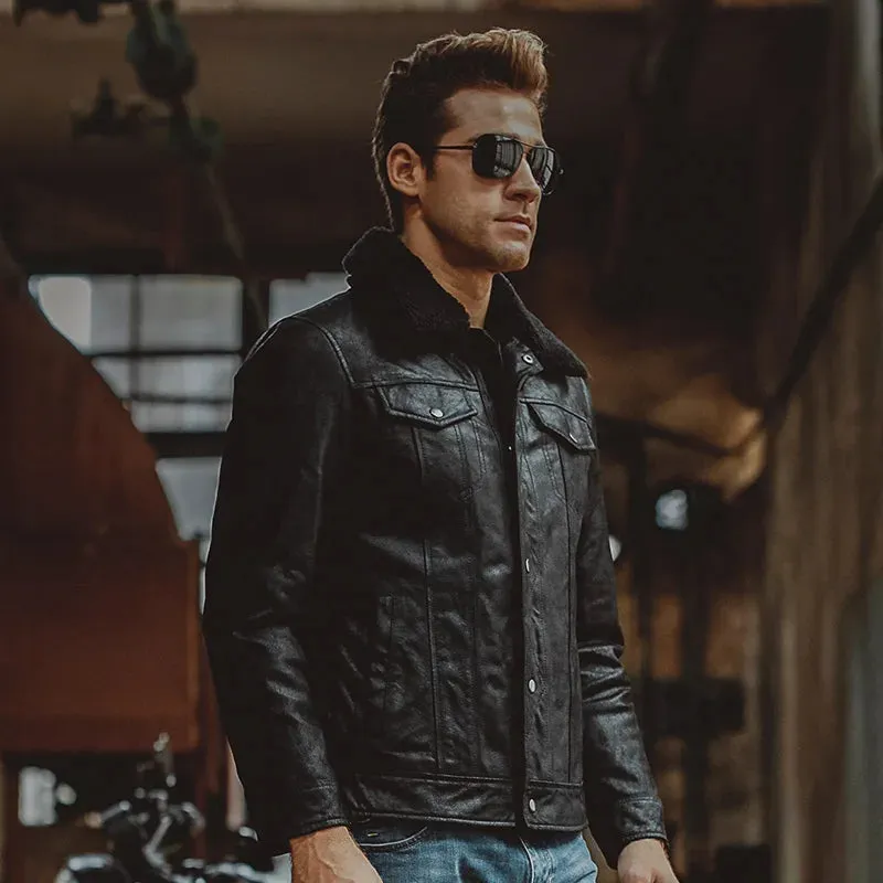 Men's Leather Jacket with Pigskin Fur Collar