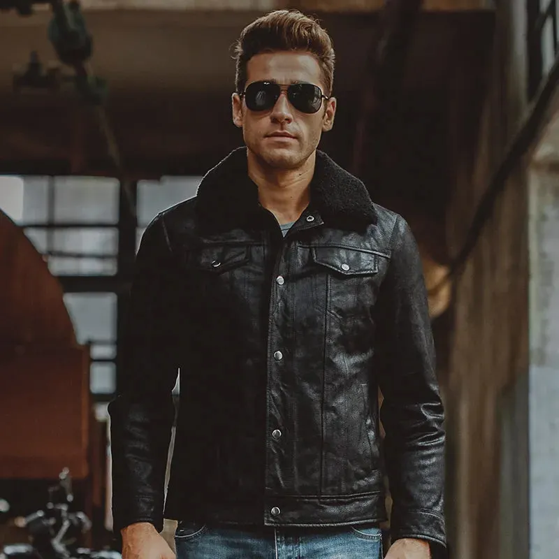 Men's Leather Jacket with Pigskin Fur Collar